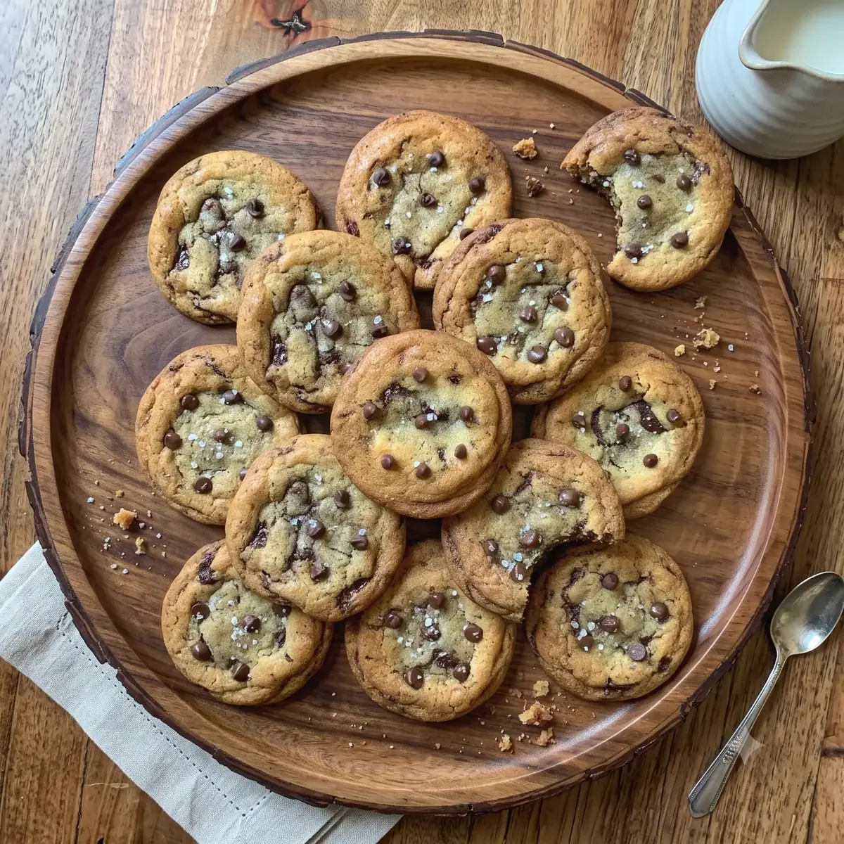 Chocolate chip cookies met zeezout op een houten plank